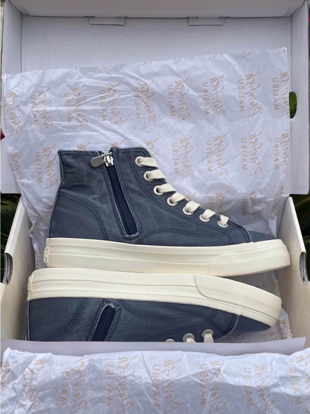 High-Top Canvas Sneakers with Side Zip in Navy and Cream